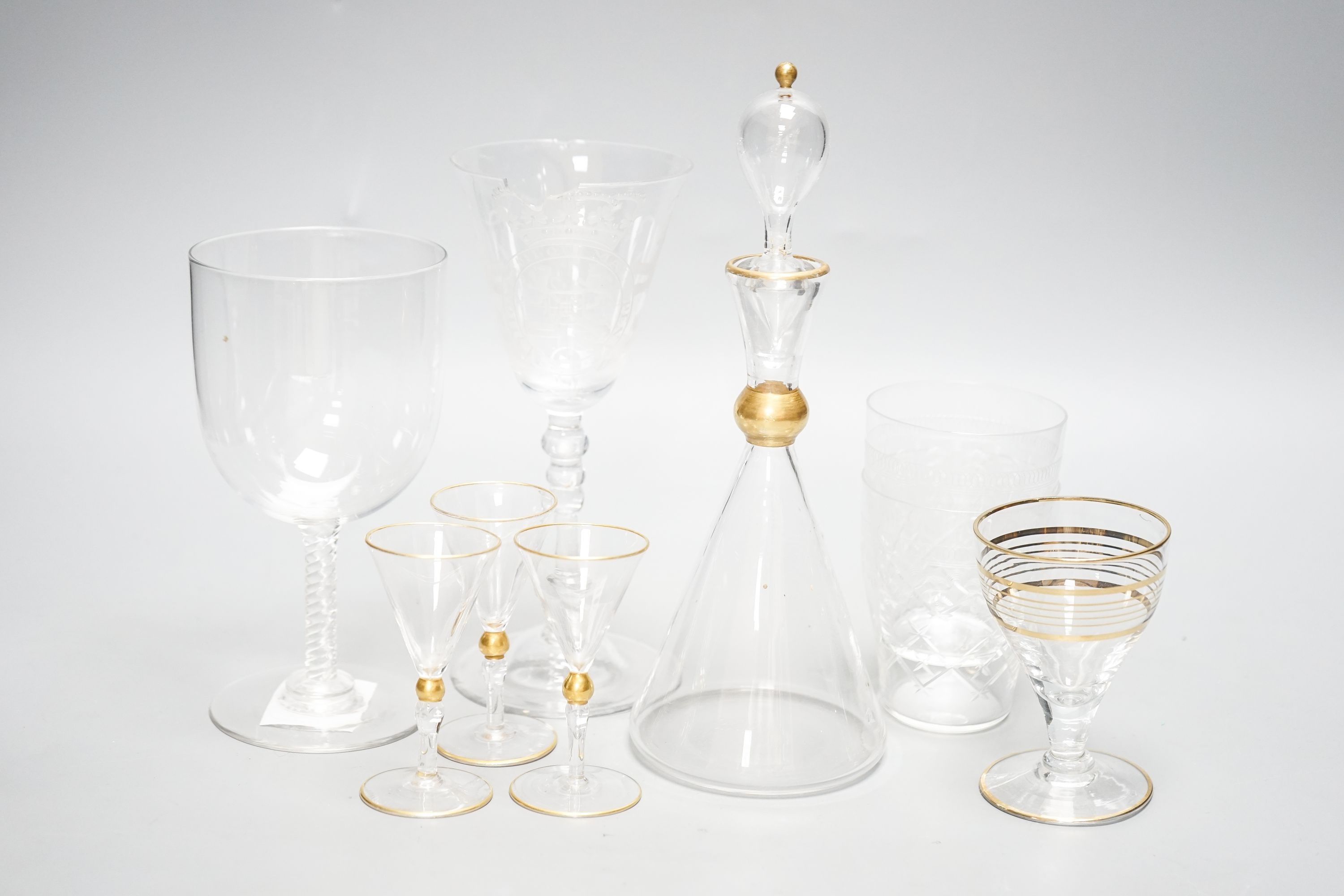 Drinking and other glassware, including an 18th wine glass with an engraved armorial (AF)